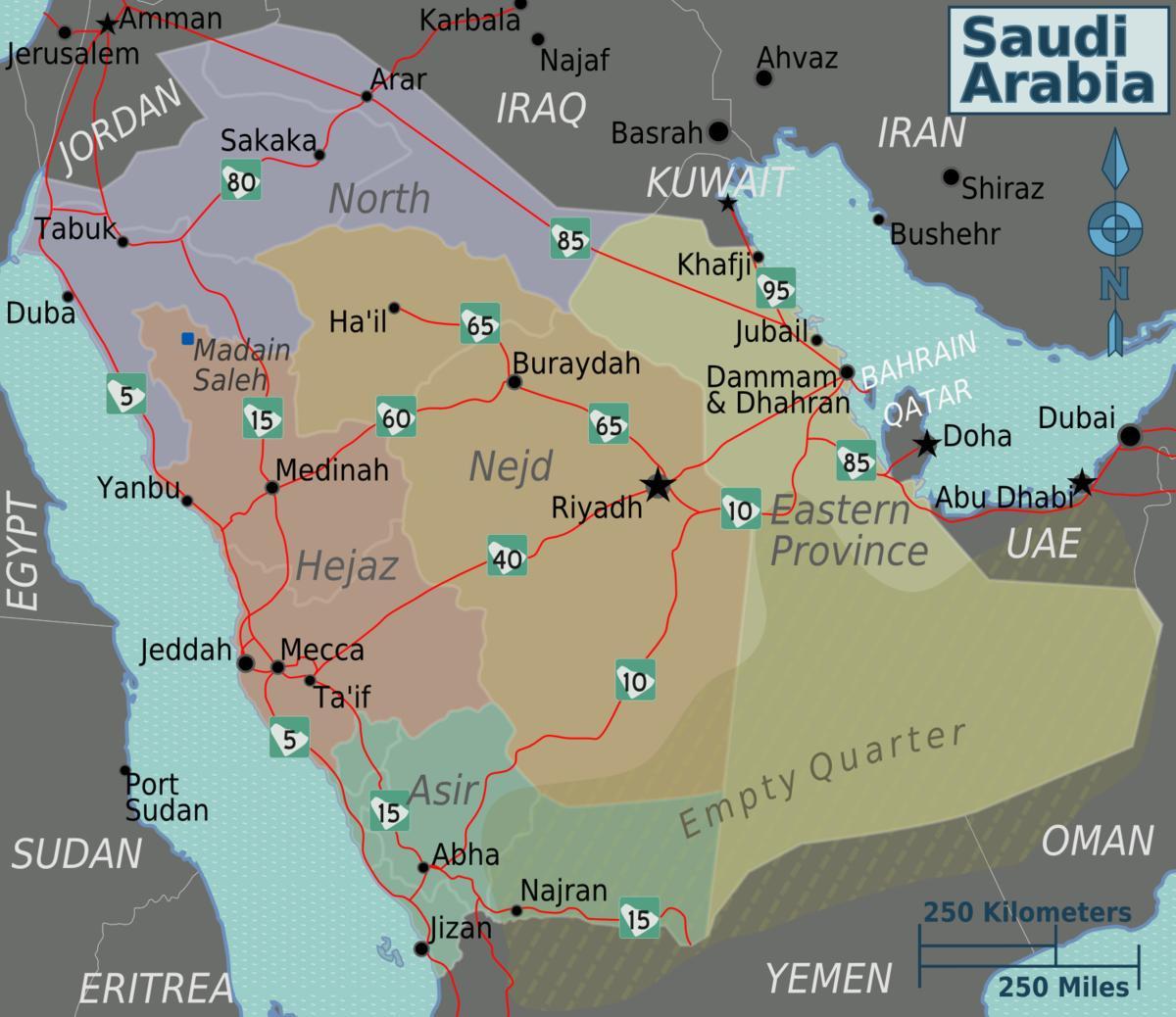 Mapa Saudi Arabia hiri distantzia