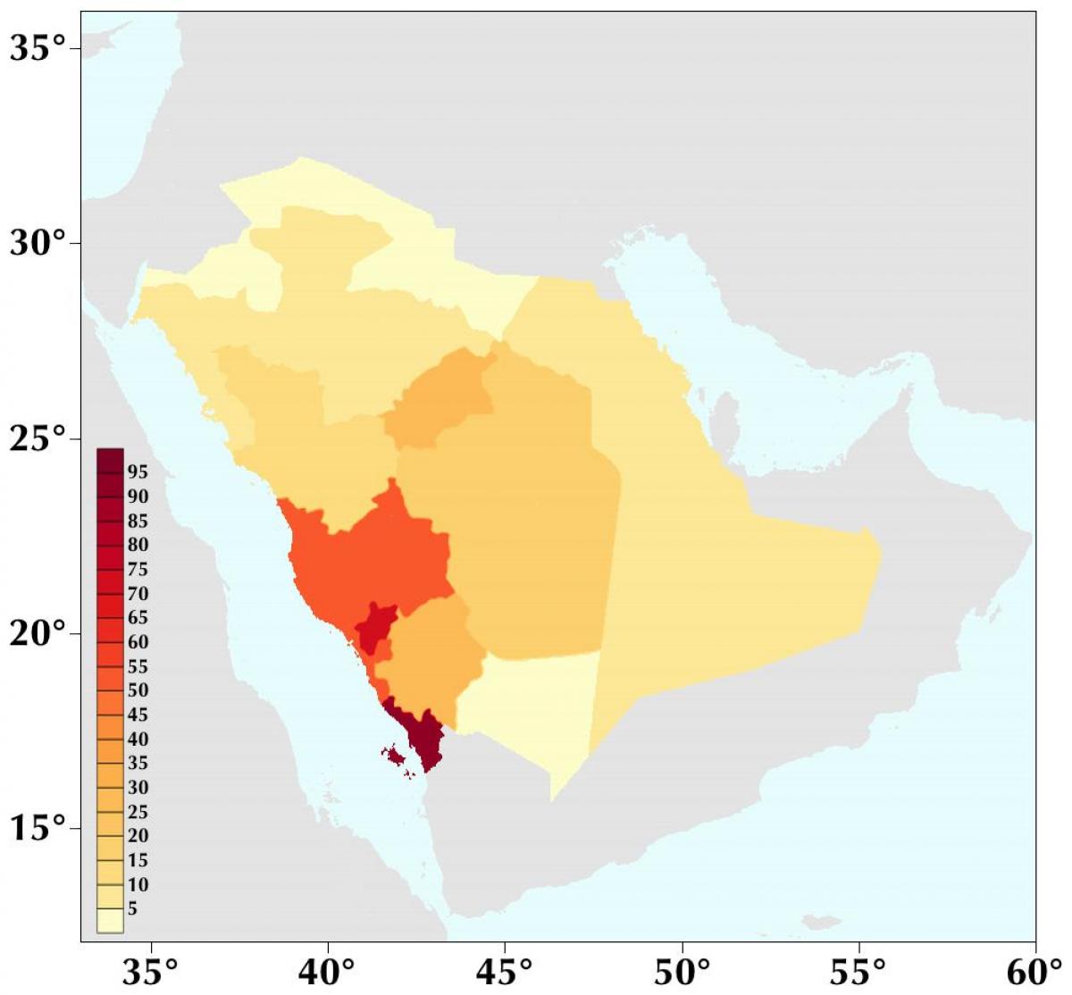 Saudi Arabia, populazio-dentsitate mapa
